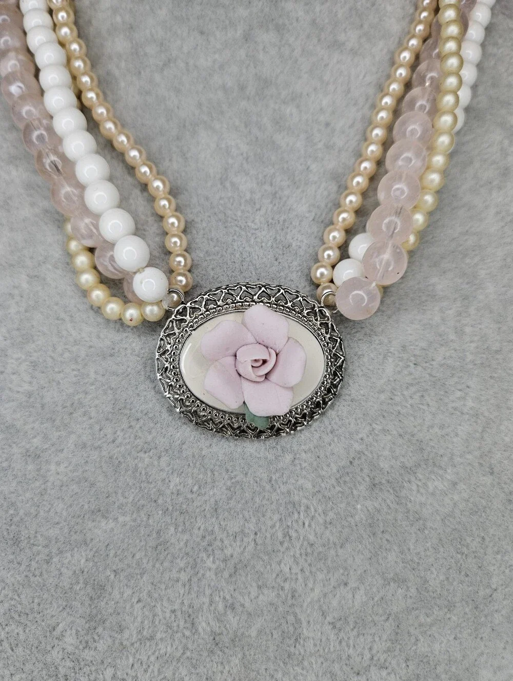 Vtg 1928 Jewelry Co Rose Quartz Pearl Multi Strand Choker Flower Necklace GUC